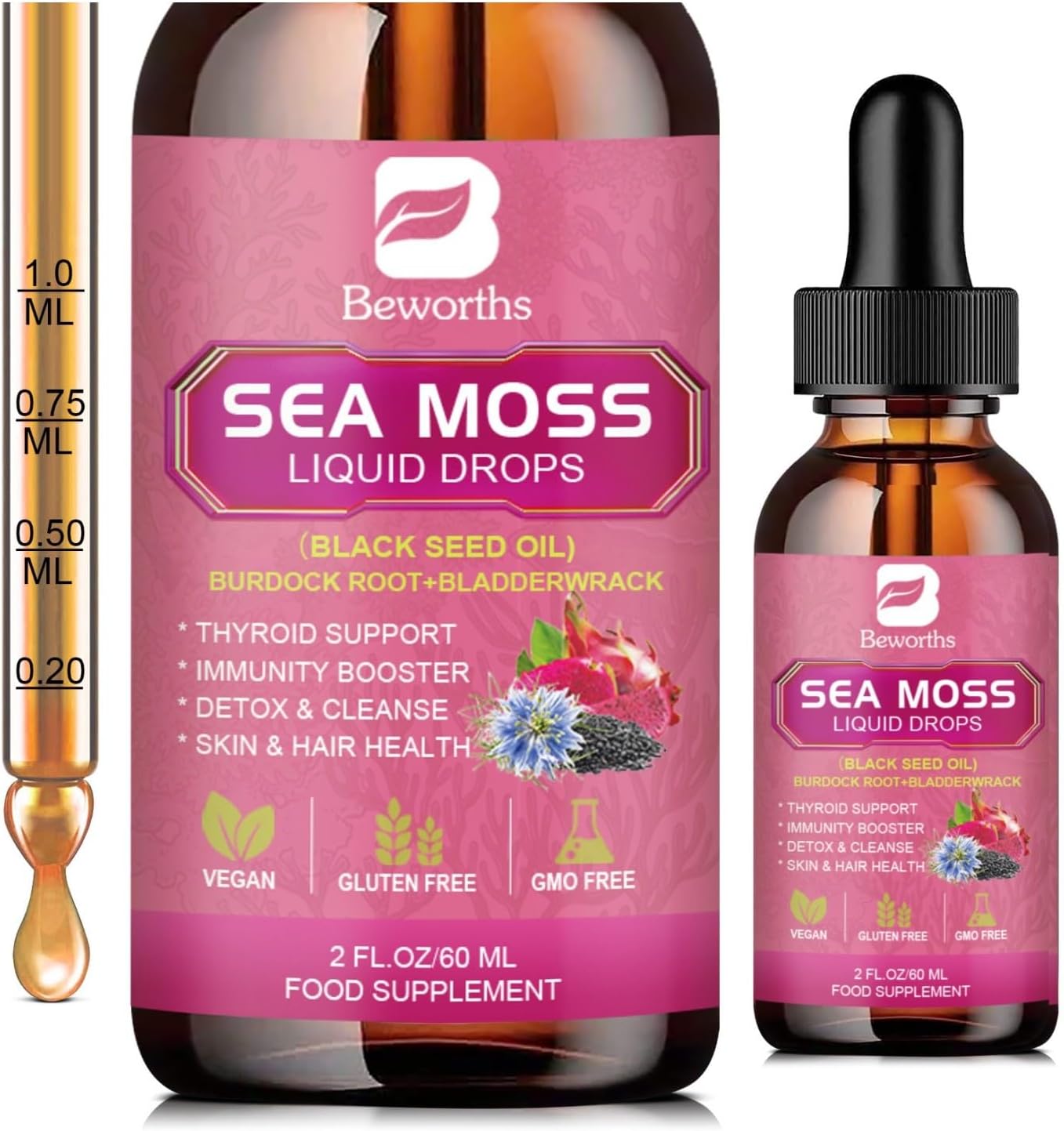 B BEWRTHS Sea Moss Liquid Drops - Black Seed Oil & Irish Sea Moss Gel with Burdock Root Bladderwrack, Elderberry, 6X Stronger Qrganic Seamoss Raw Supplement for Digestive, Hair Health - Vegan, 2 Fl.oz