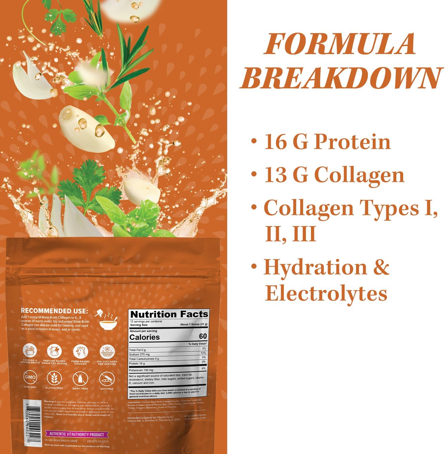 Vitauthority Bone Broth Collagen Delicious Chicken Noodle Flavored - Packed with 16g of Protein & Types I, II, III - Nourishes Skin, Hair, Nails, Joints, & Gut - Beef BoneBroth