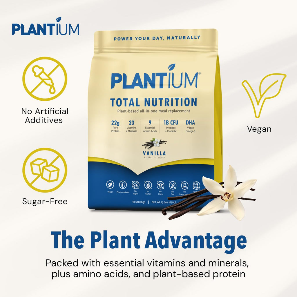 Plantium Total Nutrition, Premium All-in-One Meal Replacement Shake, Plant-Based Protein Powder with Vitamins, Minerals & Probiotics, 22g Protein per Serving, Vanilla