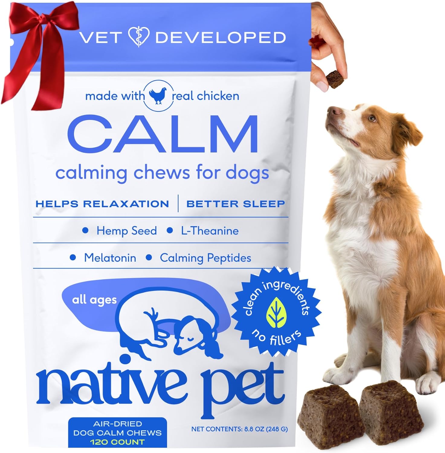 Native Pet Calming Chews for Dogs - Melatonin for Dogs Anxiety Relief - Grain Free All Natural Hemp Calming Treats & L-Theanine Helps Manage Stress & Separation Anxiety - Puppy Sleep Aid - 120 Chews
