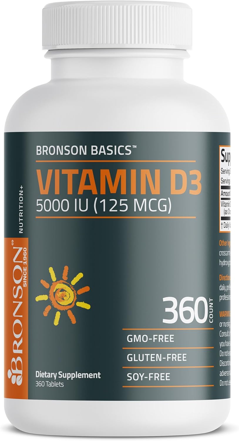 Bronson Vitamin D3 5000iu (125mcg) 1 Year Supply for Healthy Muscle Function and Immune Support, Non-GMO, 360 Tablets