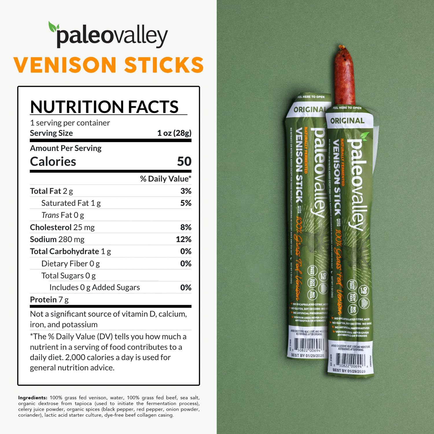 Paleovalley 100% Grass Fed Venison Sticks – 10 Pack – Keto-Friendly, High Protein, Low-Calorie Snack – Omega-3 Rich, Gluten-Free, Nitrate-Free, Naturally Flavored – Healthy On-the-Go Meat Snack