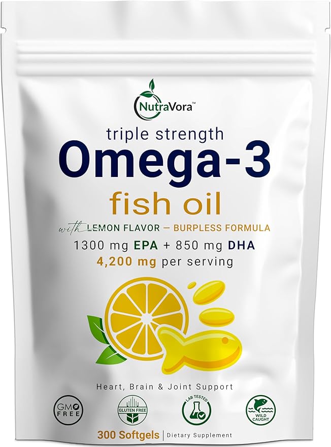 Triple Strength Omega-3 Fish Oil – 4200 mg Per Serving with 1300 mg EPA + 850 mg DHA – Lemon Flavor Burpless Formula – Wild-Caught, Non-GMO, Gluten-Free – 300 Softgels