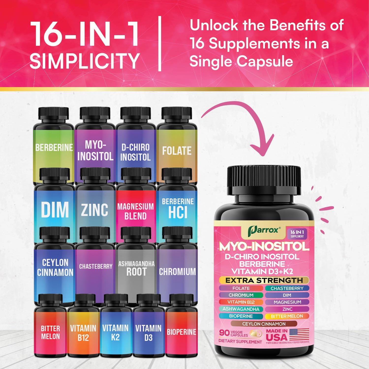 Myo Inositol Supplement, D-Chiro Inositol, Folate, DIM, Vitamin D3, B12, K2, Chromium, Bioperine, Ceylon Cinnamon, Zinc, Ashwagandha, Chasteberry, Magnesium, Berberine (90 Vegan Capsules)