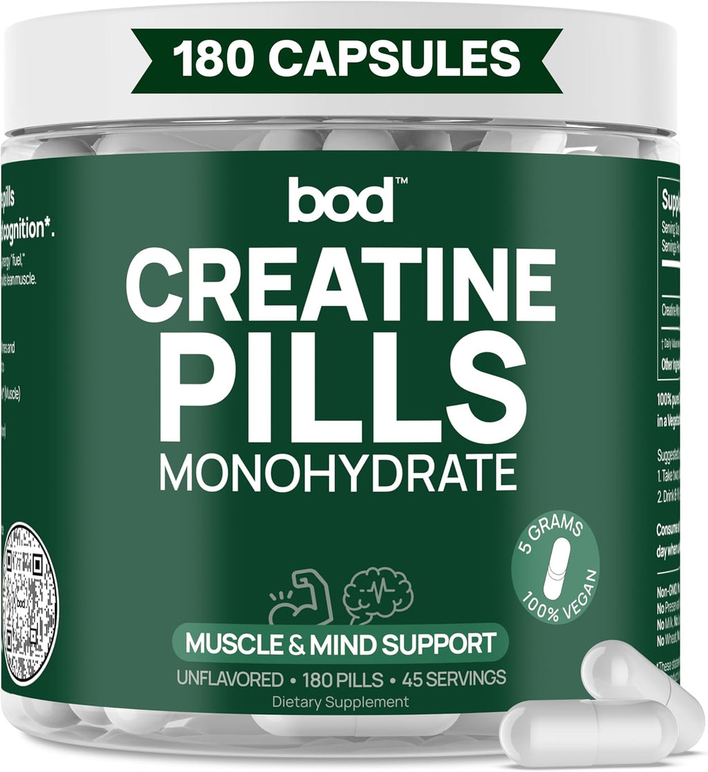 BOD Creatine Monohydrate Pills for Muscle Support, Vegan Pre or Post-Workout Creatine Capsules for Women and Men, 5g Micronized & Instantized, Creatina Monohidratada, 180 Capsules