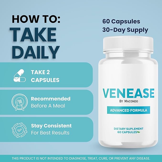 Venease Capsules - Official Venease Premium Supplement Support Advanced Formula All Natural for Vein Wellness & Health Multivitamin Pure Formula - 60 Capsules for 1 Month