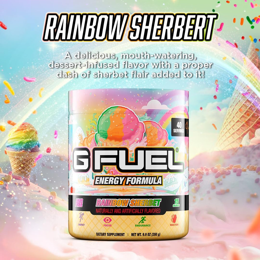 G Fuel Rainbow Sherbet Energy Drink Powder, Pre Workout Caffeine Mix for Gaming, Sugar Free Focus Amino, Vitamin + Antioxidants, 9.9oz (Rainbow Sherbet, 40 Servings)