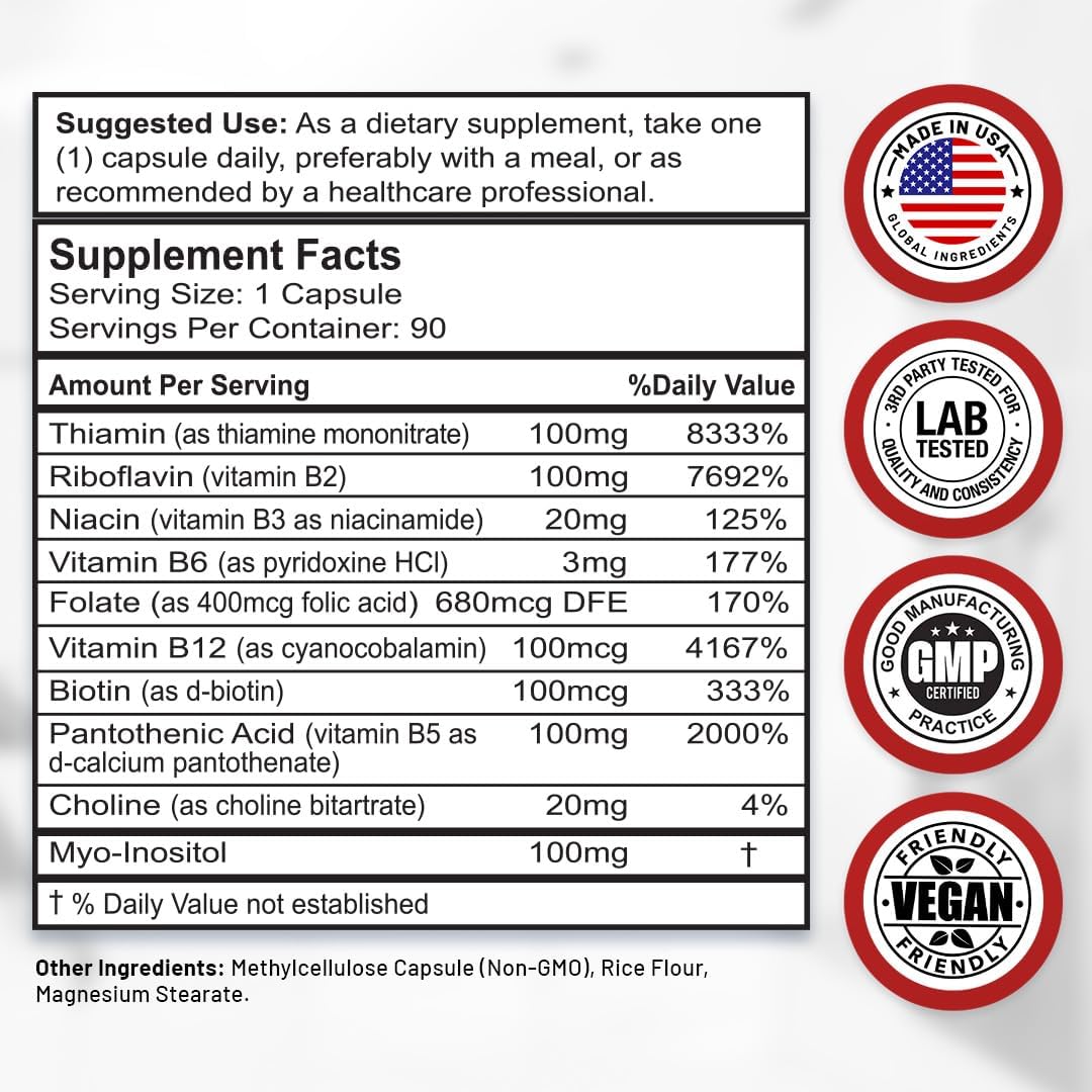 Divine Bounty Super B Complex Vitamins - All B Vitamins Including B12, B1, B2, B3, B5, B6, B7, B9, Folic Acid - Vitamin B Supplement - Support Healthy Energy Metabolism - 90 Vegetarian Capsules