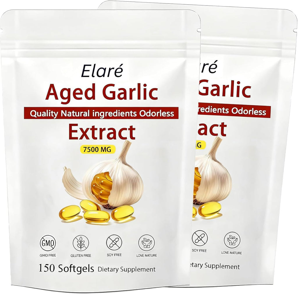 Elare Aged Garlic Extract - 7500mg Odorless, Organic Garlic Extract Capsules | Heart & Immune Antioxidant Supplements, Vegetarian, All-Natural, Non-GMO, 150 Softgels(2 PCS)