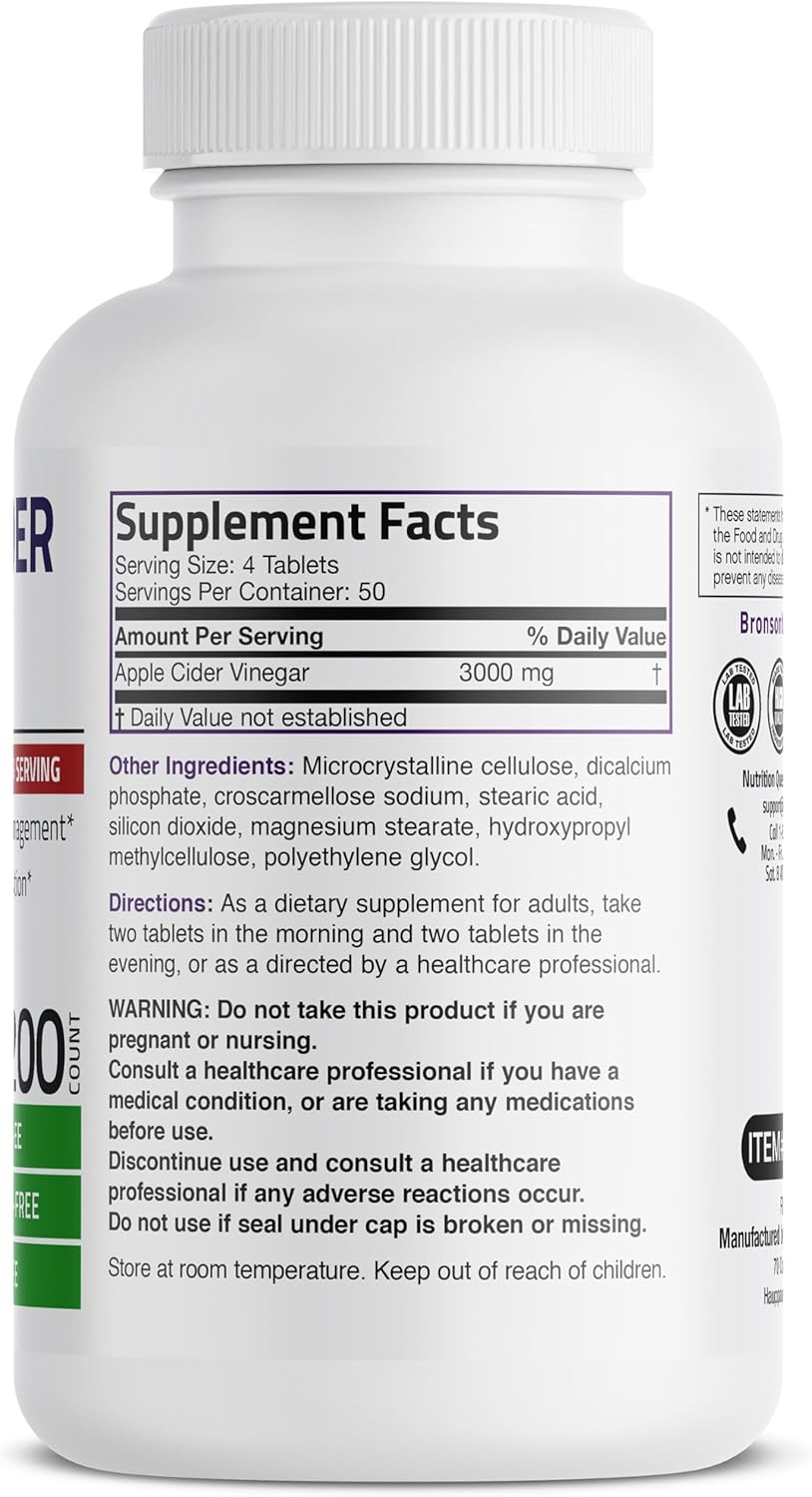 Bronson Apple Cider Vinegar 3000 MG per Serving Extra Strength - Non-GMO, 200 Vegetarian Tablets