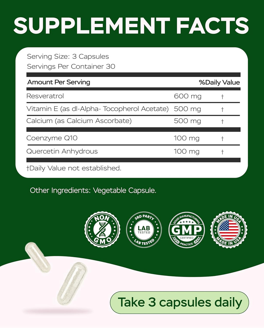 Resveratrol Supplement 1800mg Complex - COQ10, Quercetin, Vitamin E, Vitamin C - Powerful Antioxidant Formula for Enhanced Energy, Heart Health & Healthy-Aging Support Trans Resveratrol 90 Capsules