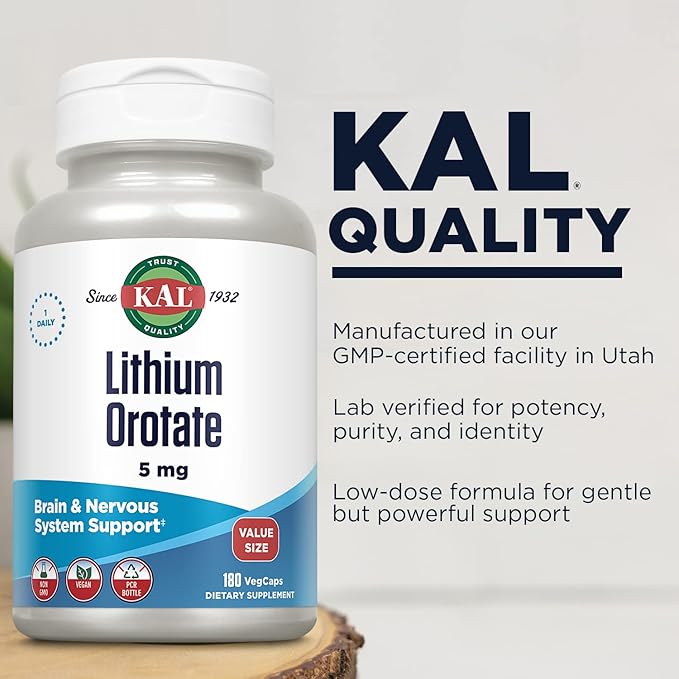 KAL Lithium Orotate 5mg, Low Dose Lithium Supplement for General Wellness Mood Support, Highly Bioavailable, Vegan, 60-Day Guarantee, 180 Servings, 180 VegCaps
