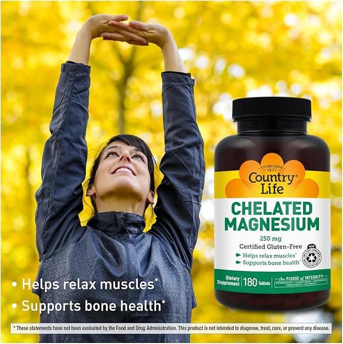 Country Life Chelated Magnesium 250mg - Supports Heart, Bone & Muscle Health, Vegan-Friendly Magnesium Supplement with Magnesium Oxide and Amino Acid Chelate, Gluten-Free