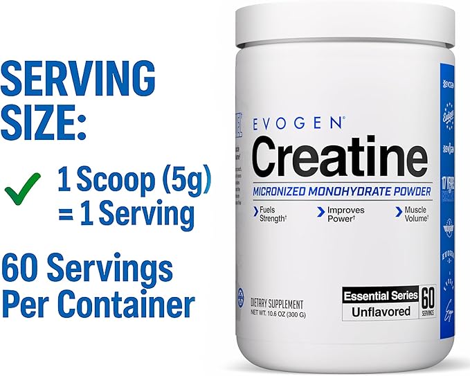Evogen Creatine Monohydrate Powder - Micronized Creatine for Women & Men | Pure Creatine Powder Supplement for Strength, Power & Recovery | Unflavored | 60 Servings