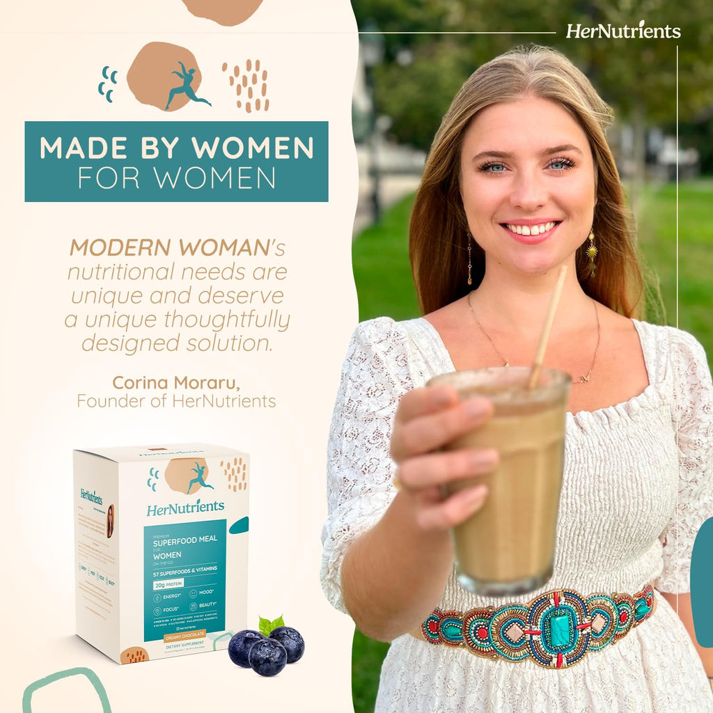 SuperFood Meal Replacement for Women - All-In-One Protein Powder with Greens & Vitamins & Collagen | Chocolate Protein Shake & Supplement Snack for Women's Health, Energy, Focus, Beauty, Mood, No Added Sugar (12 Packets On-The-Go, Chocolate)