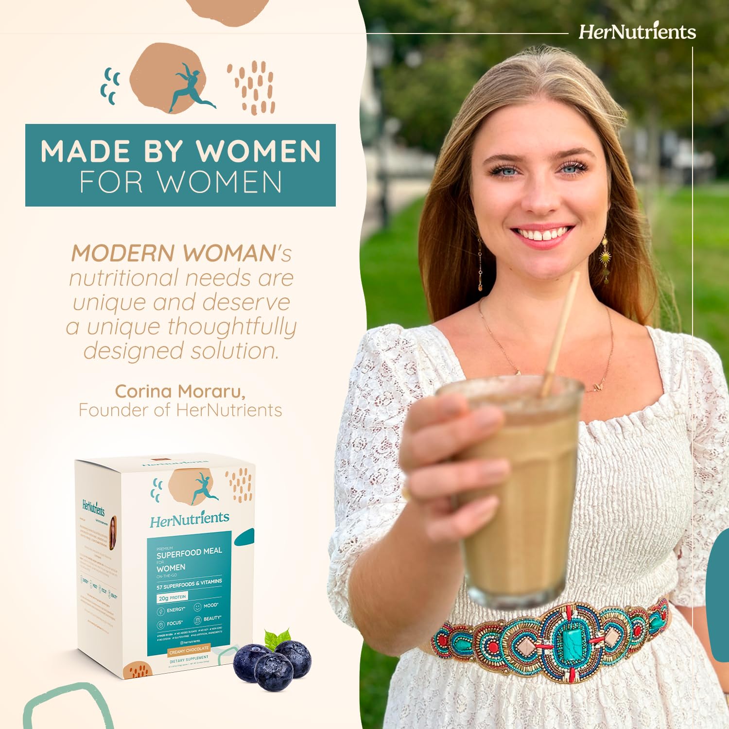 SuperFood Meal Replacement for Women - All-In-One Protein Powder with Greens & Vitamins & Collagen | Chocolate Protein Shake & Supplement Snack for Women's Health, Energy, Focus, Beauty, Mood, No Added Sugar (12 Packets On-The-Go, Chocolate)
