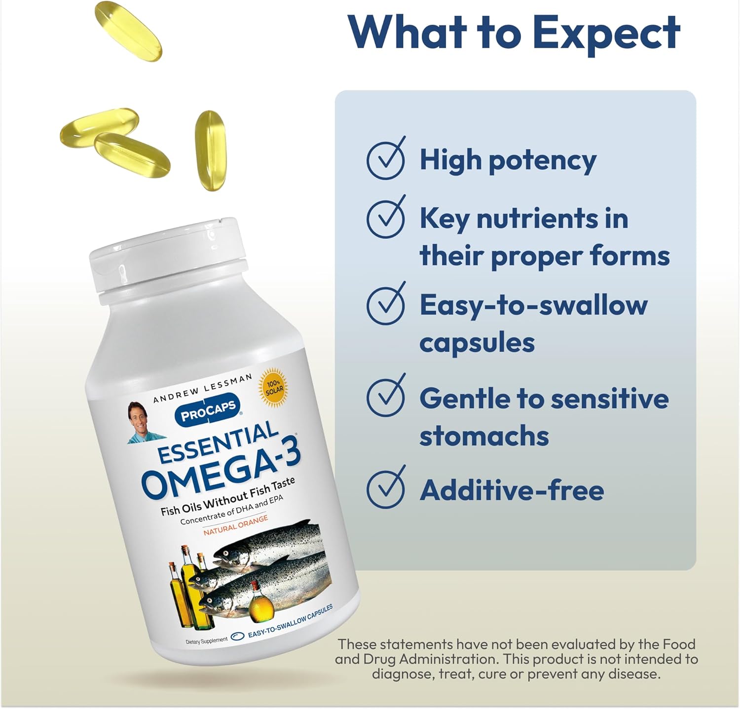 ANDREW LESSMAN Essential Omega-3 Orange - 180 Softgels - Ultra-Pure, High Potency Omega-3 Oils. High DHA, No Stomach Upset, No Contaminants, No Mercury. Small Easy to Swallow Softgels