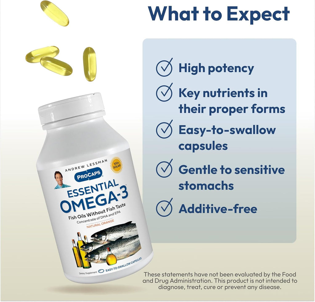 ANDREW LESSMAN Essential Omega-3 Orange - 60 Softgels - Ultra-Pure, High Potency Omega-3 Oils. High DHA, No Stomach Upset, No Contaminants, No Mercury. Small Easy to Swallow Softgels