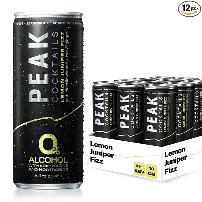 Peak Cocktails Non-Alcoholic Cocktail | Adaptogens, Nootropics, Superfoods for Recovery, Calm, Sleep | Ashwagandha, Tart Cherry, L-Theanine | Mixologist-crafted | Lemon Juniper Fizz | 8.4 oz, 12-Pack