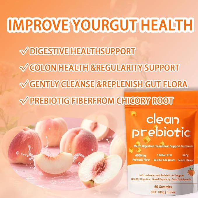 Clean Prebiotic Fiber Gummies for Men, Peach Flavor，Pre+Probiotic Fiber Gummies，Men's Digestive Cleaning Support Gummy,Men Prebiotic Supplement for Digestive Gut Health，60 Gummy