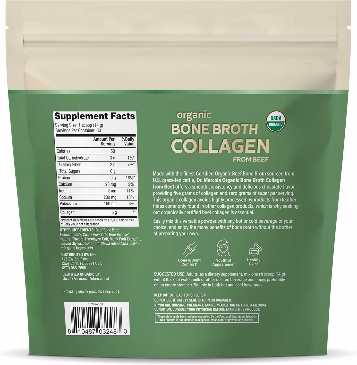 Dr. Mercola Organic Bone Broth Collagen Powder - Supports Bone Health & Muscle Growth - USDA Organic, Non-GMO, Gluten-Free & Dairy-Free - 30 Servings - Chocolate Flavor