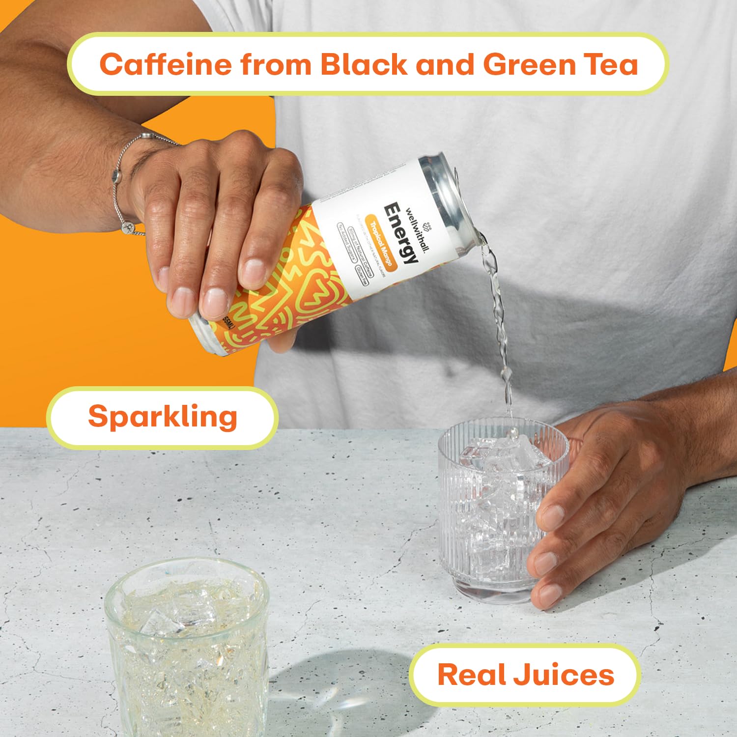 WellWithAll Tropical Mango Energy Drink – Caffeine from Tea – With Vitamin C – Lightly Sparkling Beverage – Fruit & Veggie Juice Blend – 12 Oz (Pack of 12)