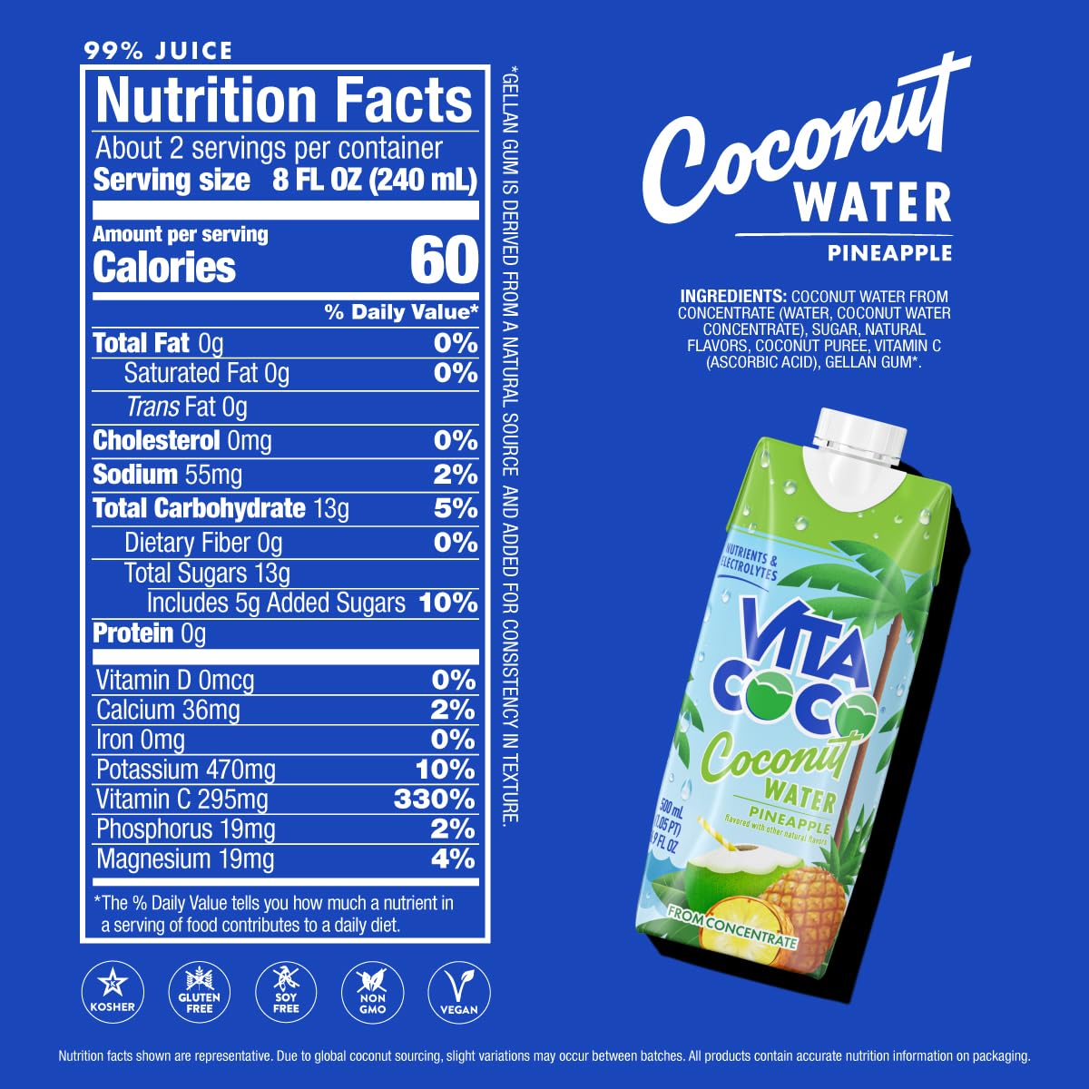 Vita Coco Coconut Water Naturally Hydrating Electrolyte Drink Smart Alternative to Coffee Soda and Sports Drinks Gluten Free, Pineapple, 16.9 Fl Oz (Pack of 12), 202.8 Fl Oz