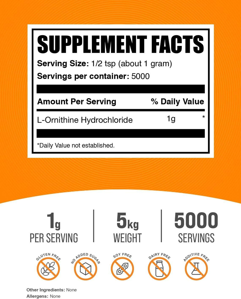 BulkSupplements.com L-Ornithine HCl Powder - Ornithine Supplement, Amino Acids Supplement - Gluten Free, 1g per Serving, 1kg (2.2 Pound) (Pack of 5)