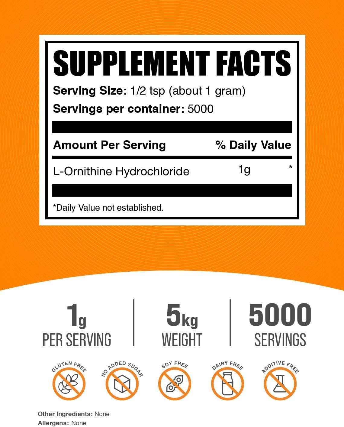 BulkSupplements.com L-Ornithine HCl Powder - Ornithine Supplement, Amino Acids Supplement - Gluten Free, 1g per Serving, 1kg (2.2 Pound) (Pack of 5)