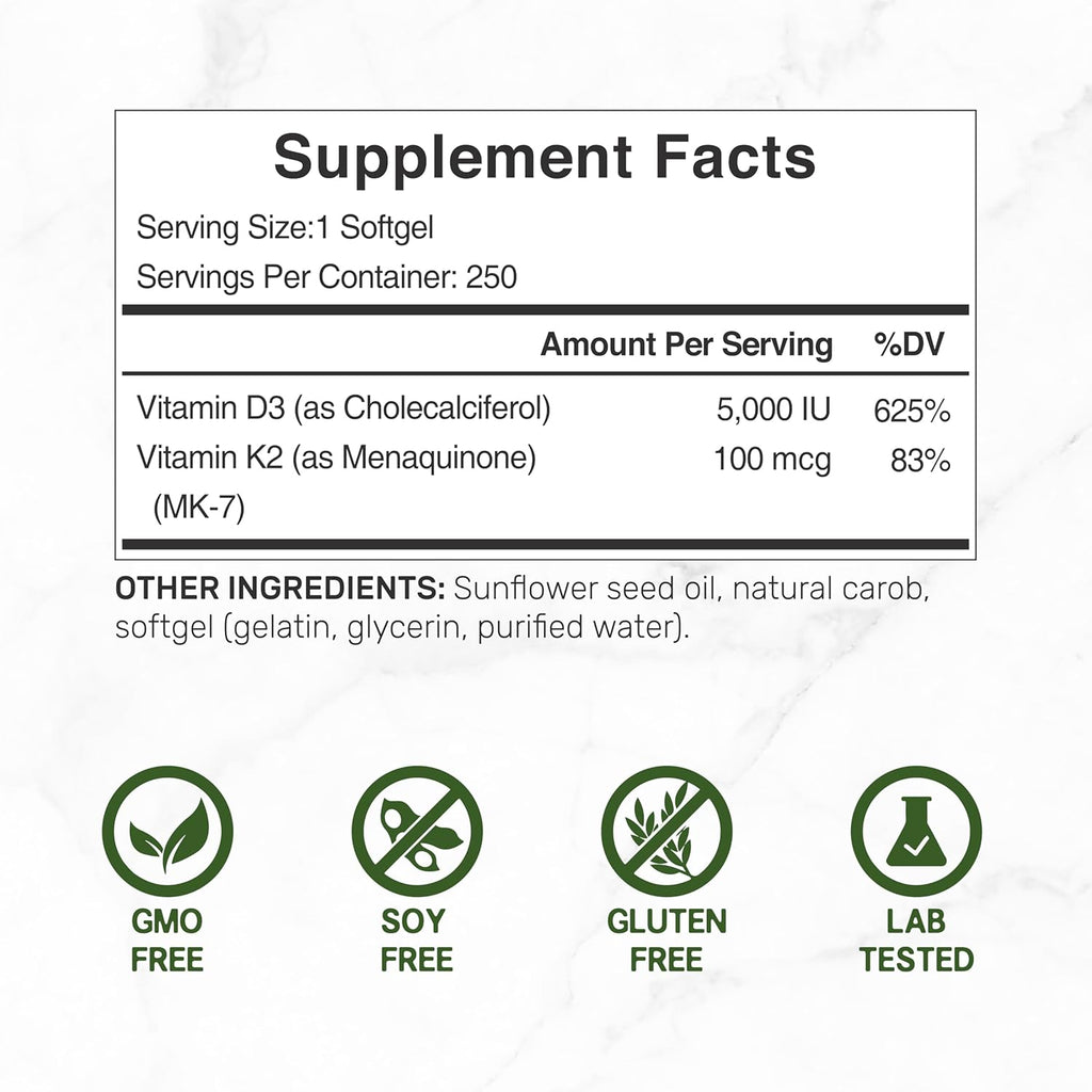 DEAL SUPPLEMENT Vitamin D3 5,000 IU + K2 MK7 Softgels, 250 Count | 2-in-1 Complex | Supports Heart, Bone, Teeth & Immune Health | Easy to Swallow