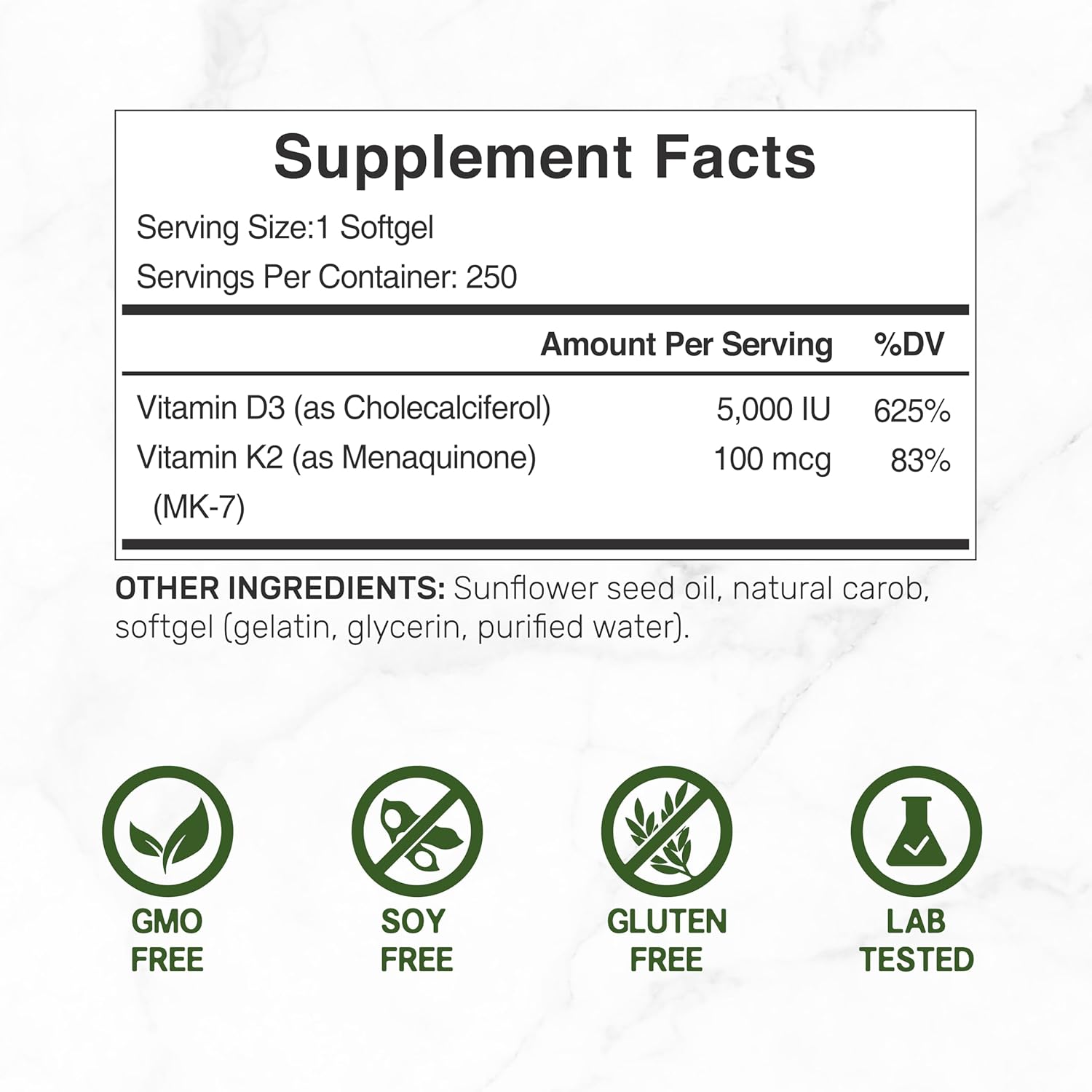 DEAL SUPPLEMENT Vitamin D3 5,000 IU + K2 MK7 Softgels, 250 Count | 2-in-1 Complex | Supports Heart, Bone, Teeth & Immune Health | Easy to Swallow