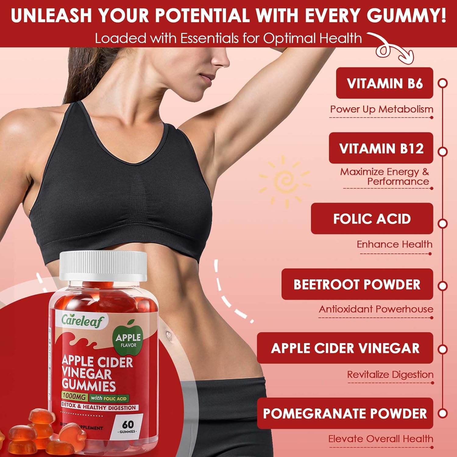 Apple Cider Vinegar Gummies 60 Counts 1000mg AVC with Vitamin B6 Vitamin B12 for Metabolism, Digestion, Detox, Gut & Immune Health