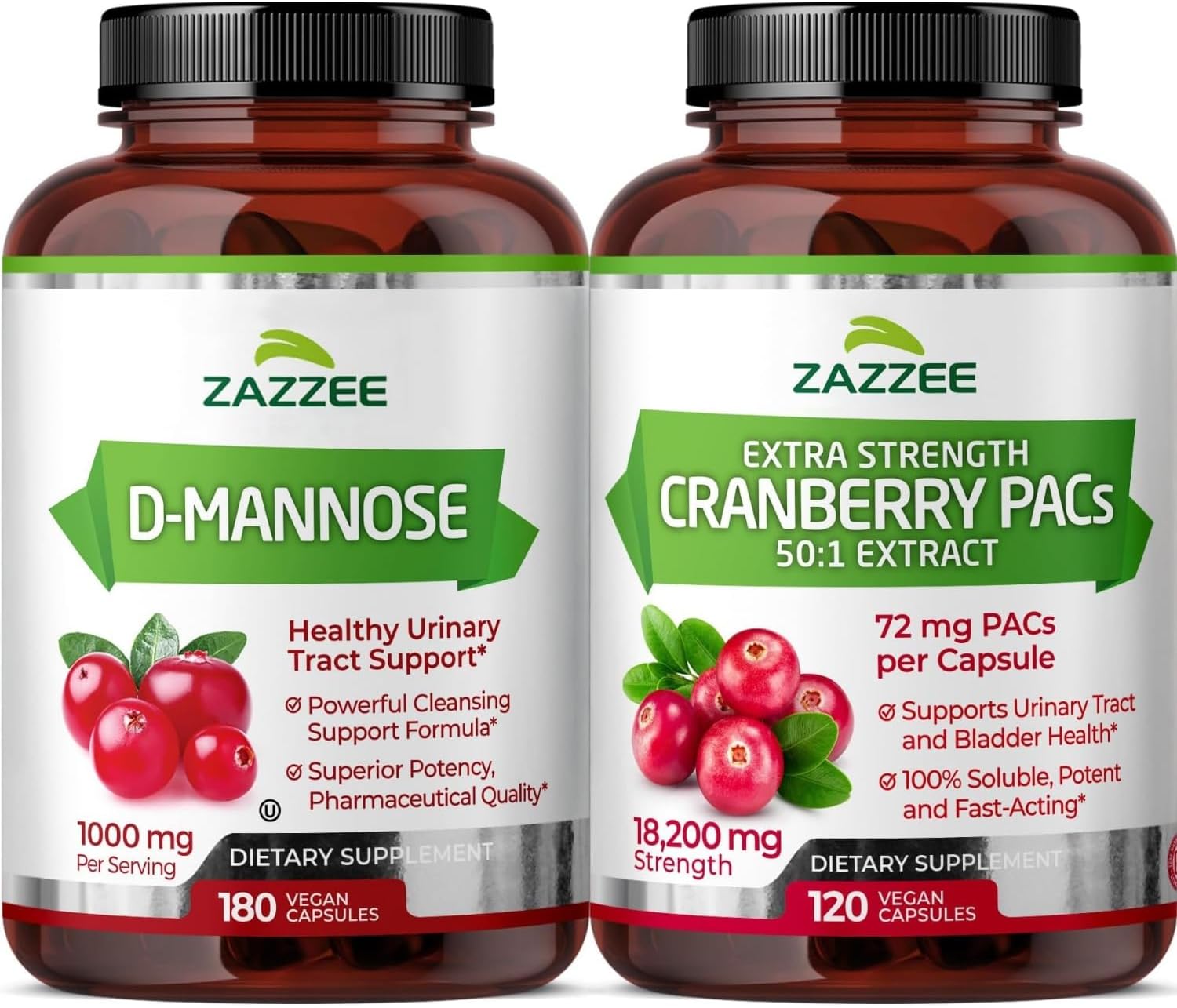Zazzee Ultimate Urinary Tract Support Bundle | Super Concentrated Proanthocyanidin Cranberry Extract Capsules Plus D-Mannose 1000mg Capsules for UT & Bladder Cleansing