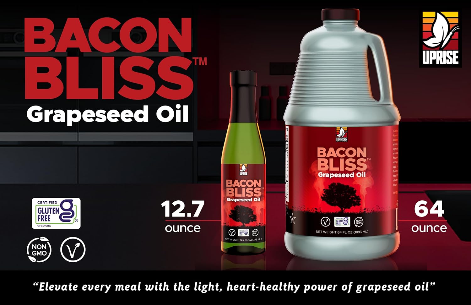 Bacon Bliss Grapeseed Oil – 12.7 oz Glass Bottle | Bacon Flavored Cooking Oil for Popcorn, Vegetables, and Pasta | Plant-Based Alternative with High Smoke Point | Organic, Gluten-Free, Vegan