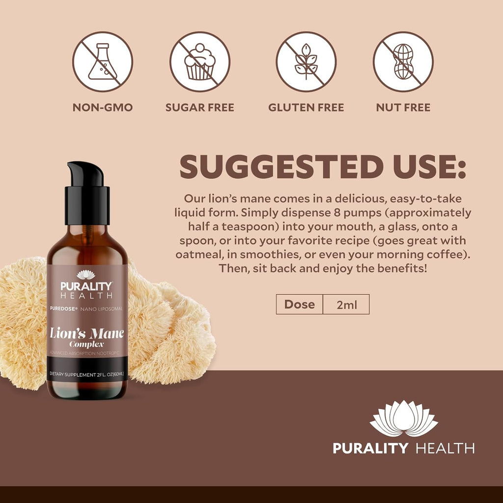 PURALITY HEALTH Lion’s Mane Complex, Nano Liposomal, Maximum Absorption for Brain Health, Memory, Focus & Nerve Support, with Reishi, Cordyceps, Maitake, 30 Day Supply