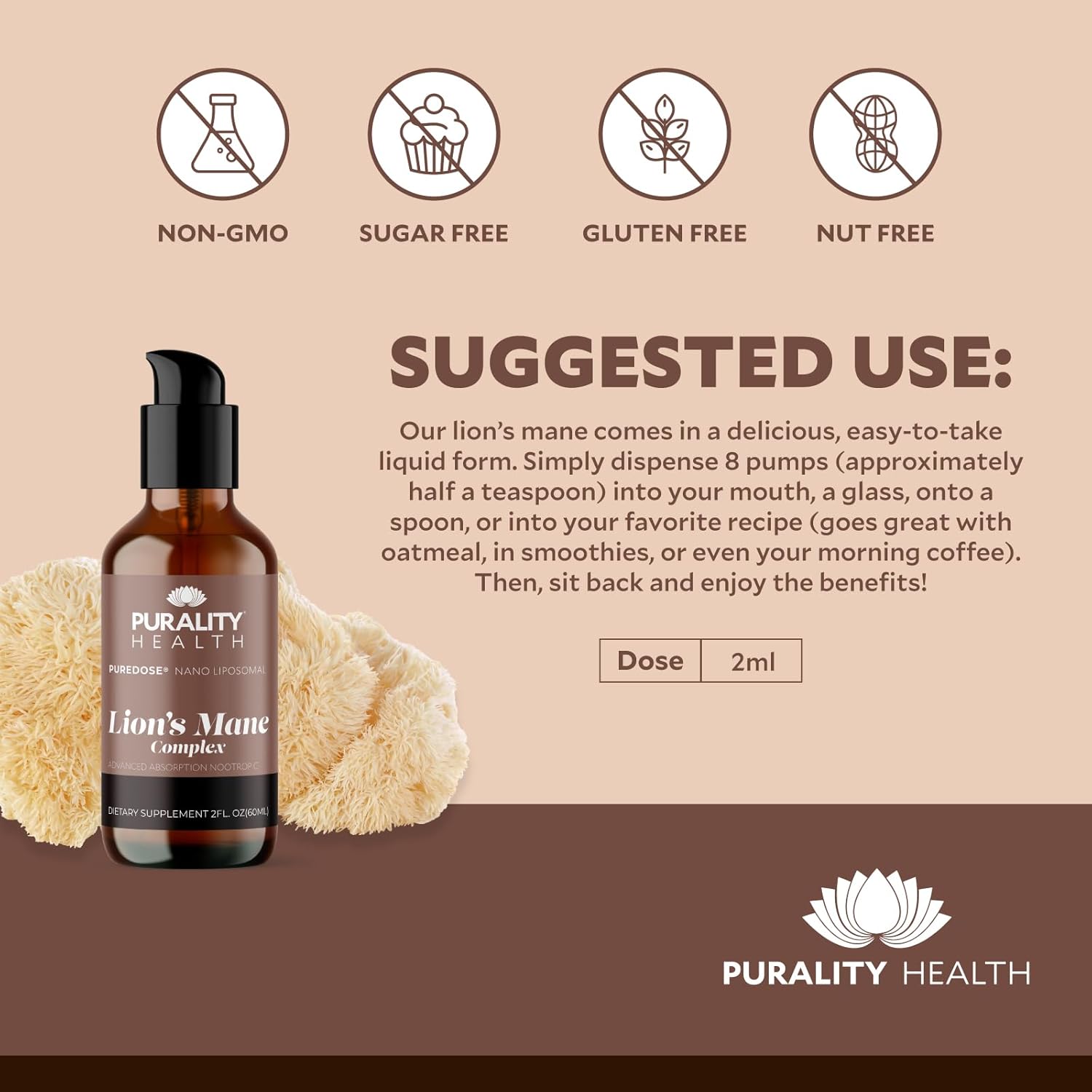 PURALITY HEALTH Lion’s Mane Complex, Nano Liposomal, Maximum Absorption for Brain Health, Memory, Focus & Nerve Support, with Reishi, Cordyceps, Maitake, 30 Day Supply