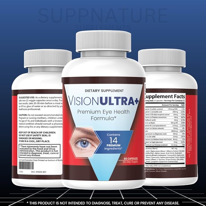 VisionUltra+ Eye Support Supplement Premium Blend*, Vision Ultra+ Capsules Eye Formula with Lutein, Beta-Carotene, Vitamin B12 and Zinc (60 Capsules)
