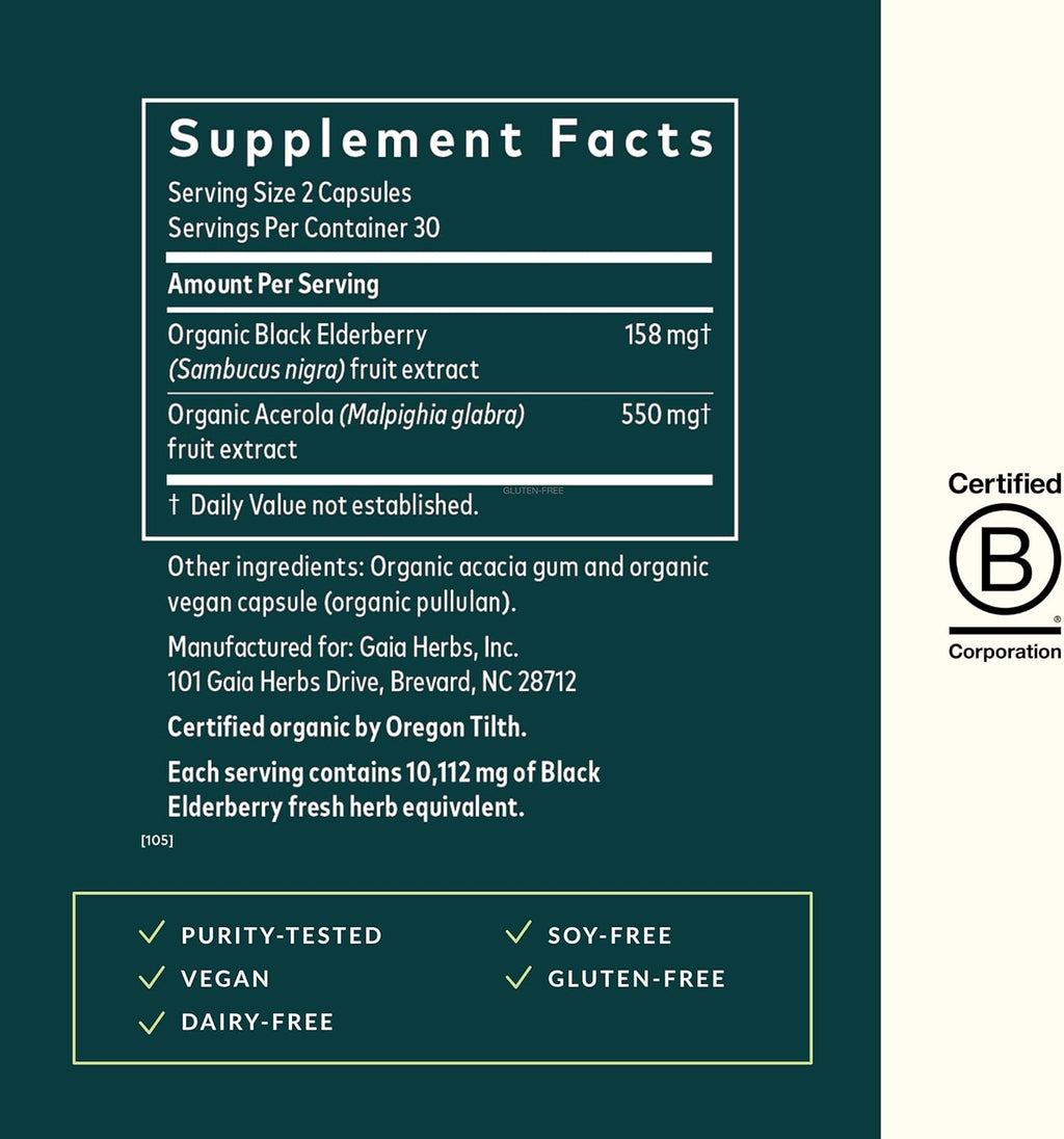 Gaia Herbs Black Elderberry - Daily Immune Support Supplement to Help Maintain Well-Being - with Black Elderberries and Acerola Fruit for Antioxidant Support - 60 Vegan Capsules (30-Day Supply)