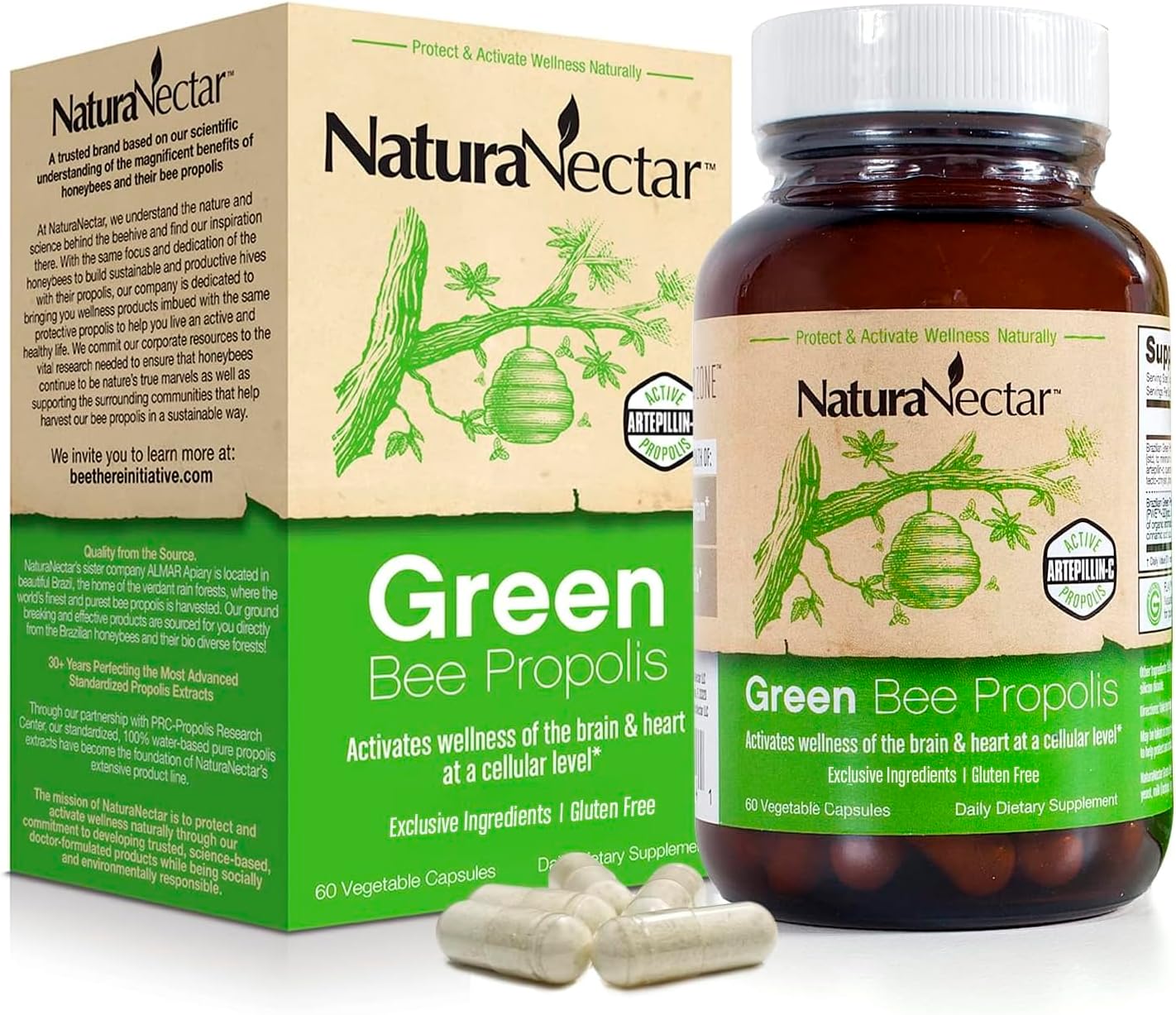 NaturaNectar - Green Bee Propolis Capsules - NSF Contents Certified Brazilian Green Propolis - Gluten-Free Propolis Supplements with Flavonoids - Naturally Sourced Through Ethical Beekeeping (60pcs.)