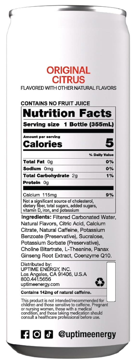 UPTIME Energy Drink, Original Citrus Sparkling, 12 Pack, Vitamin C, L Theanine, Calcium, Sugar Free Energy Drinks for Focus Support, 142mg of Natural Caffeine, 5 Calories, Clean, Natural, 12 fl oz Cans
