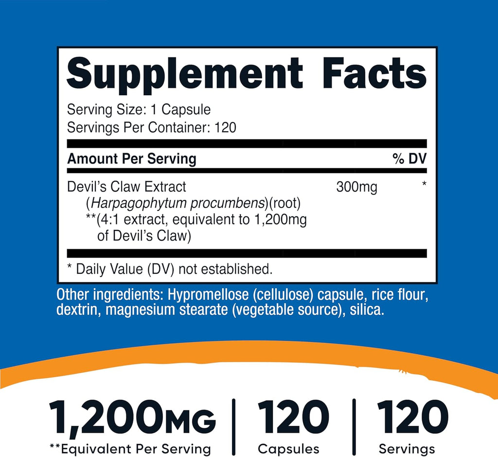 Nutricost Devils Claw 1200mg Equivalent, 120 Capsules - Veggie Caps, Non-GMO, Gluten Free, and Vegetarian Friendly