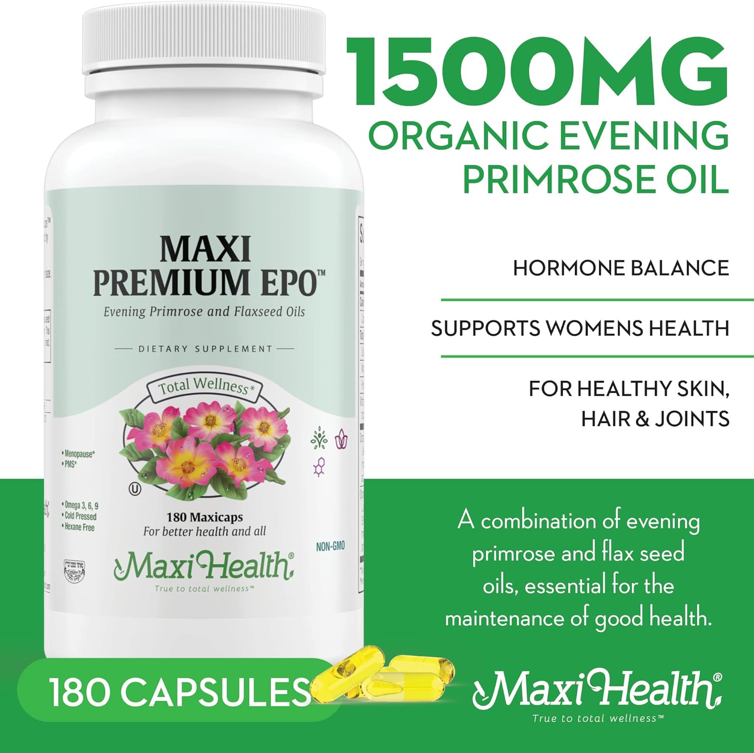 Maxi-Health Evening Primrose and Flax Seeds Oil Softgels - Vegan Omega 3 6 9 Supplements for Healthy Skin, Hair, and Joints - Kosher Certified, Organic Evening Primrose Oil Softgels, 180 Count