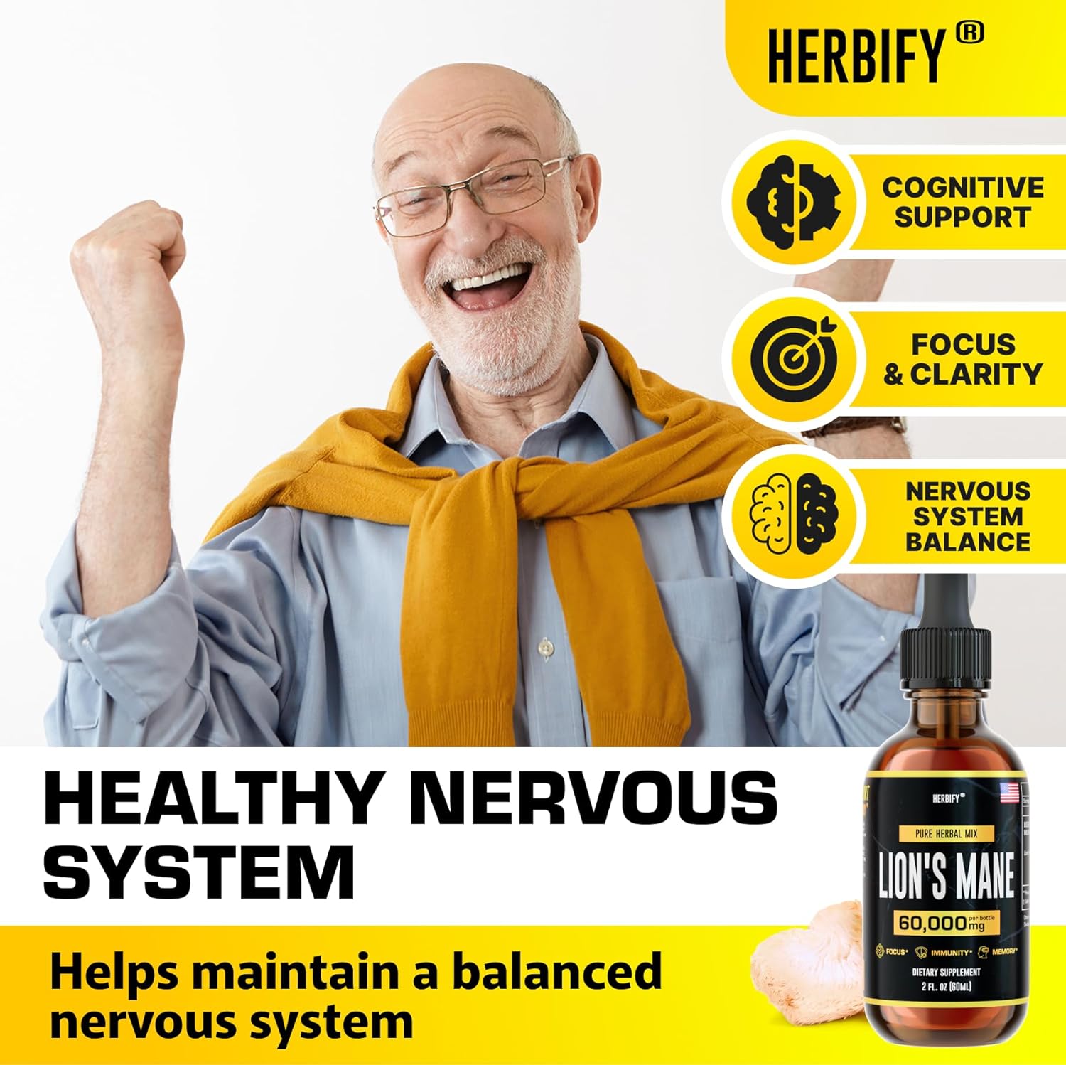 HERBIFY Lions Mane - Lions Mane Mushroom Supplement- Lions Mane Tincture - Immune Support - Lions Mane Tincture for Memory, Focus & Clarity - Daily Mushroom Supplement - 2 Fl oz 2 Pack