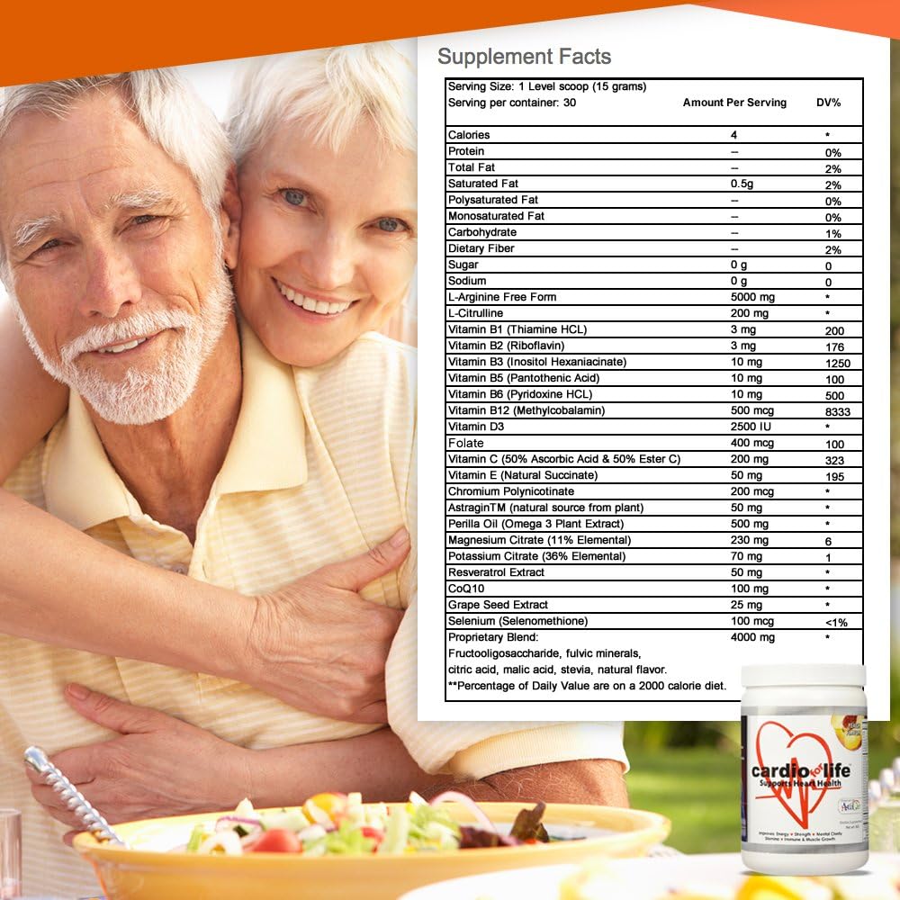 Cardio for Life L-Arginine Powder 16oz - Natural Nitric Oxide Supplement Cardiovascular Increase Energy - Peach