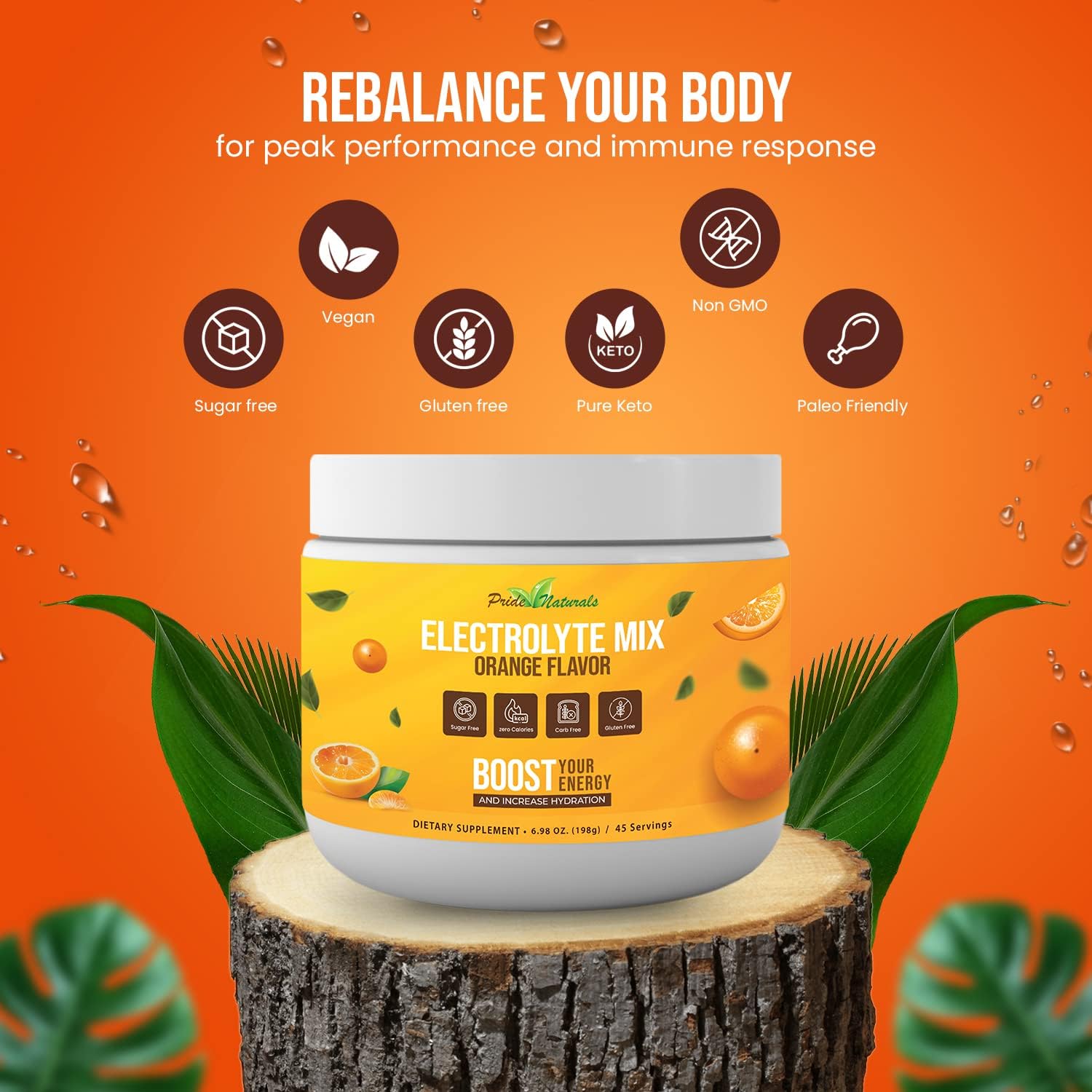 Electrolyte Powder - Refreshing Workout Recovery Electrolytes, Sugar Free, Gluten Free & Vegan, Pure Keto & Paleo Hydration Beverage, Immune Boosting Vitamins (198 Grams, Orange)