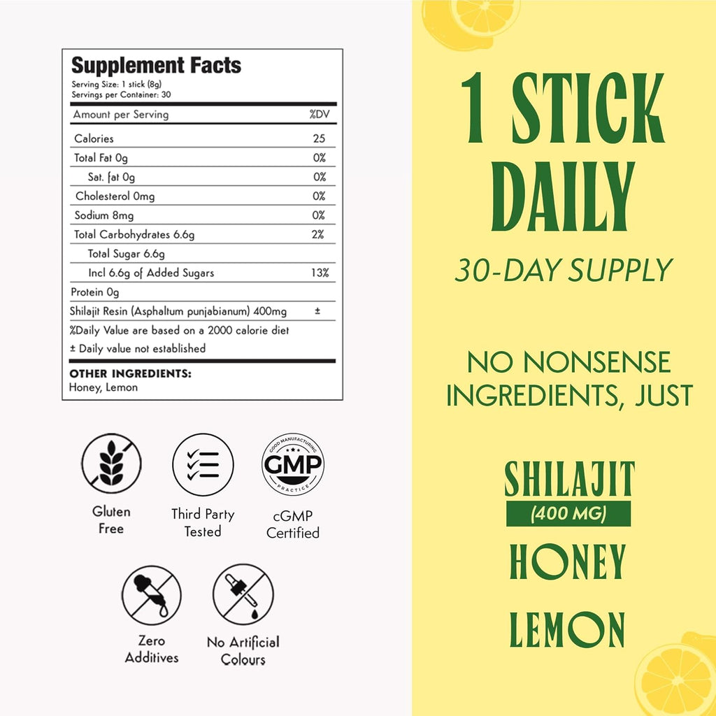 Pure Himalayan 400mg Shilajit Honey Sticks for Men & Women Health - Lemon Flavor | Pack of 30 Premium Energy Sticks | 75%+ Fulvic Acid | 85+ Trace Minerals | Gut Friendly & Immune Support