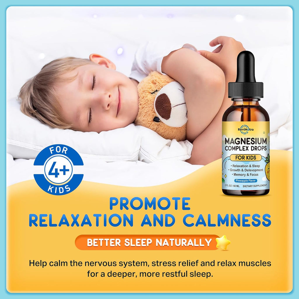 Kids Magnesium Glycinate Liquid Drops, Magnesium for Kids with Calcium, Zinc, L-Theanine, Vitamin D3 K2, C for Sleep, Relaxation, Calm, Focus, Brain,Mood, Bones & Muscles - Pineapple Flavor 2 Pack