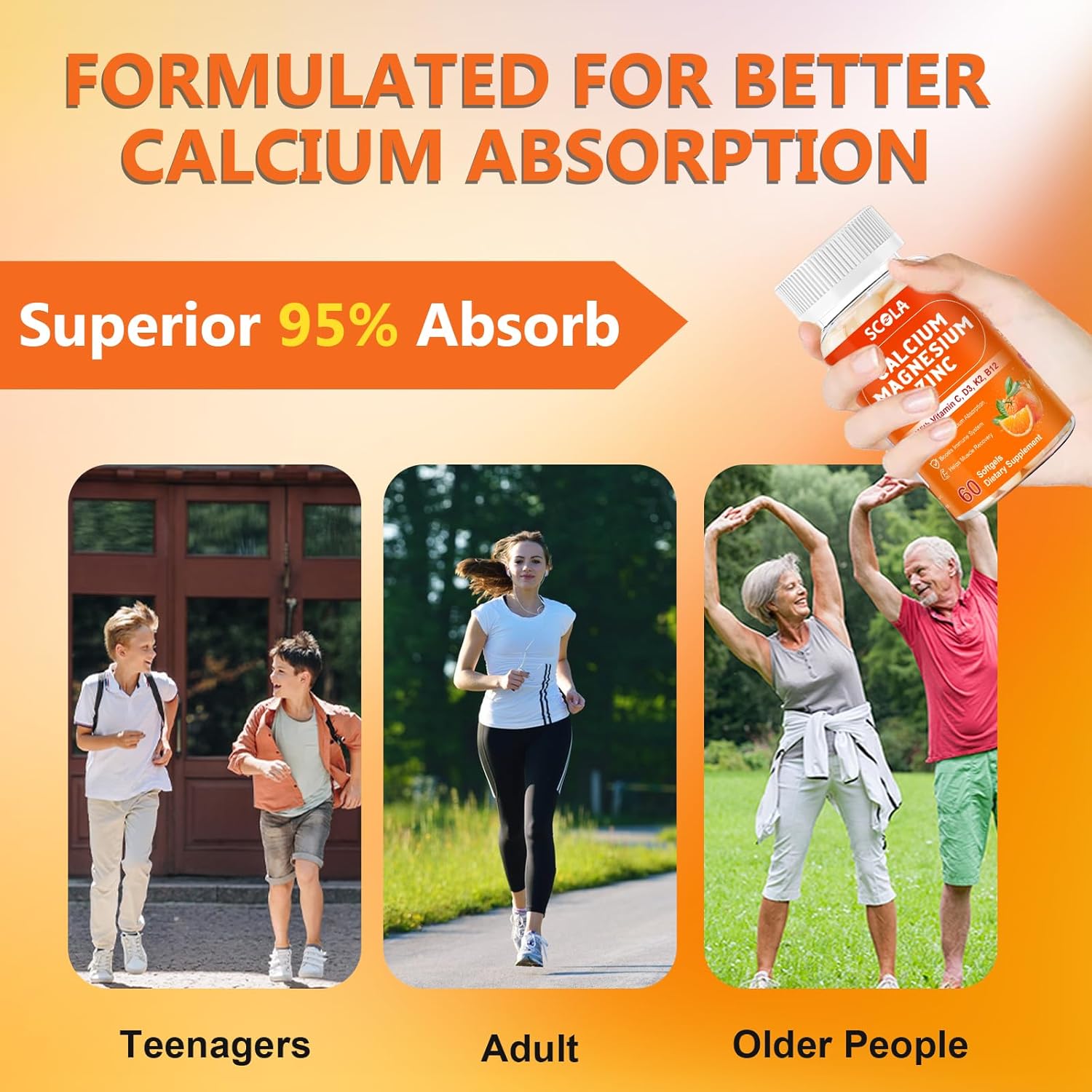 Calcium Magnesium Zinc Supplement with Vitamin C D3 B12 K2, 1000mg Calcium, 400mg Magnesium for Immune Energy Support, Bone Health and Muscle Function Softgels, 240 Count