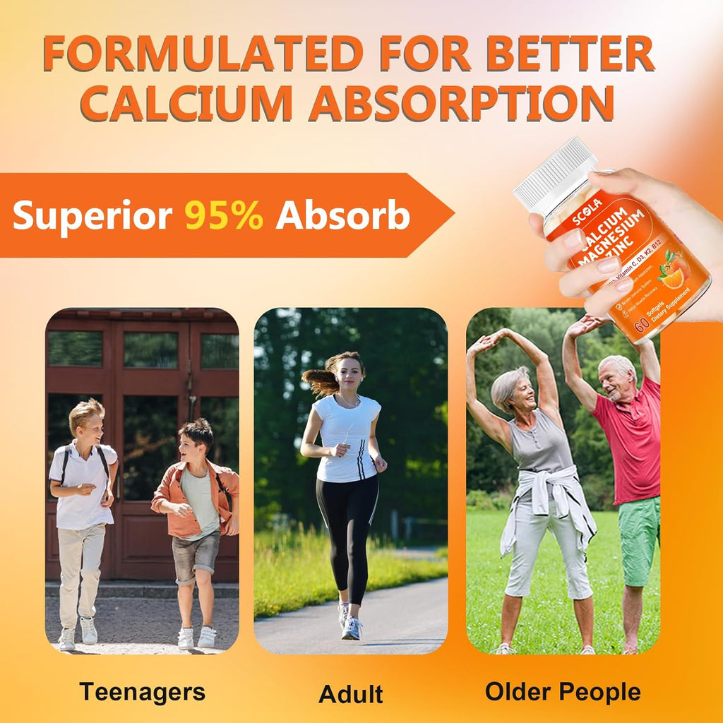 Calcium Magnesium Zinc Supplement with Vitamin C D3 B12 K2, 1000mg Calcium, 400mg Magnesium for Immune Energy Support, Bone Health and Muscle Function Softgels, 120 Count