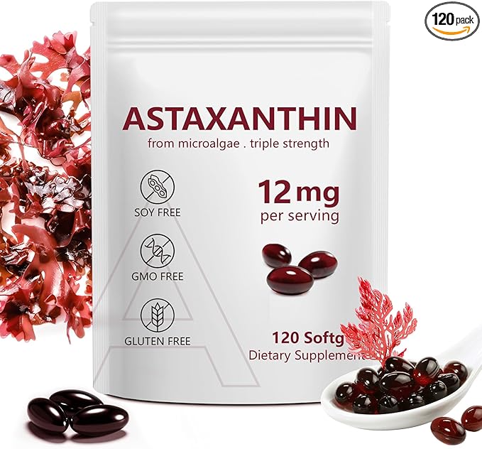 Astaxanthin Supplements 12mg 120 Softgels,Premium Astaxanthin Antioxidant Supplements,Triple Strength Skin Vitamins with Antioxidant Activity,Supports Eye, Joint, Brain, Heart & Immune System (1) (1)